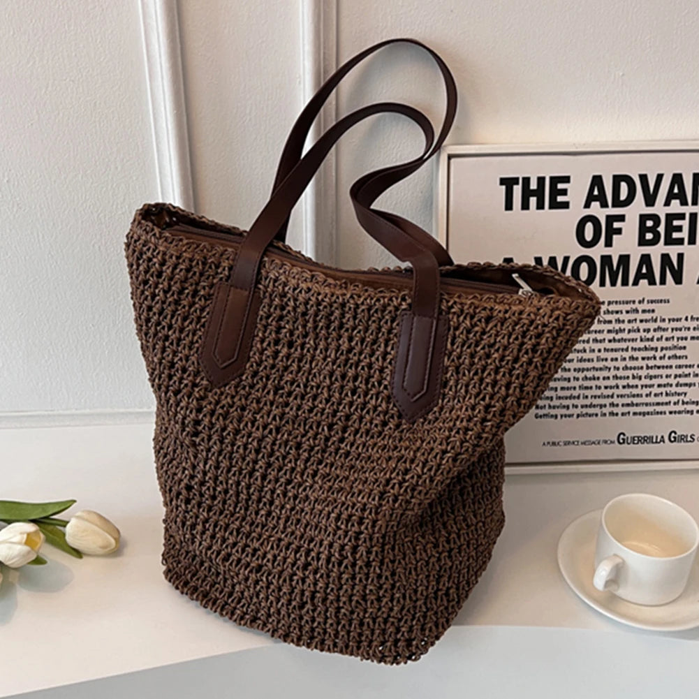 sac de plage femme paille marron fonce