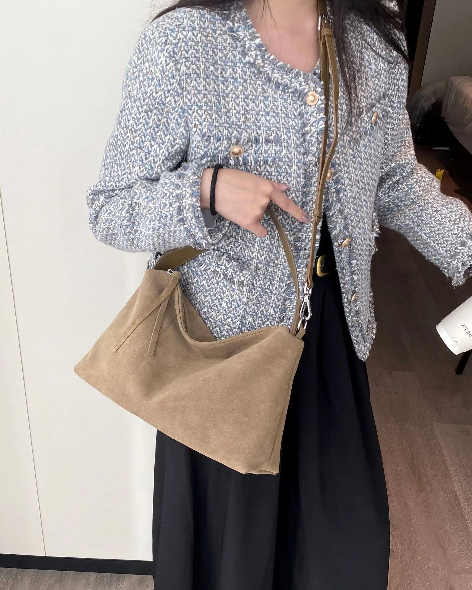 sac en suede epaule beige