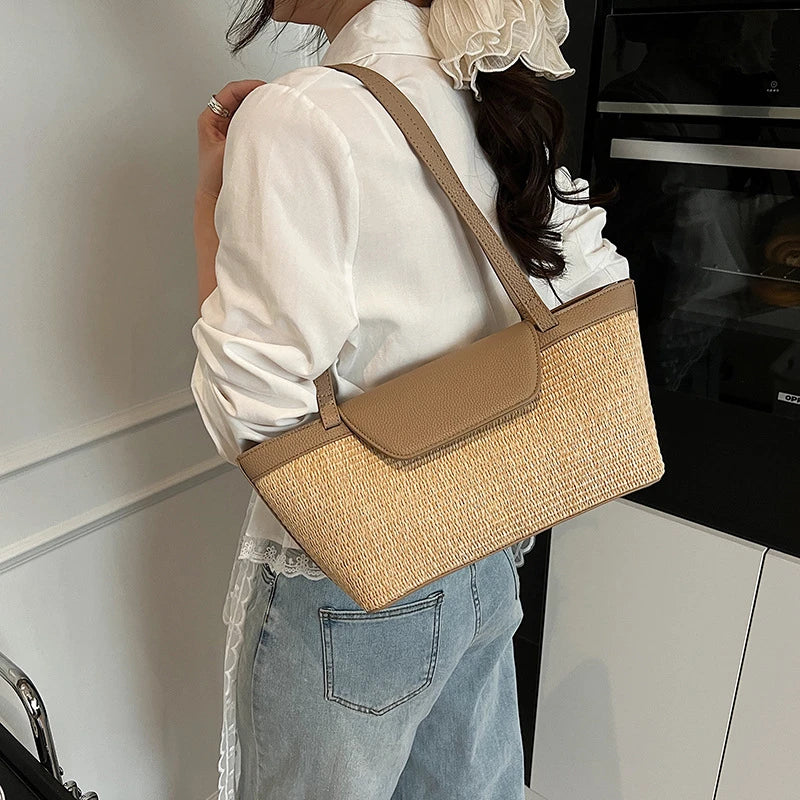 sac porte epaule paille et cuir