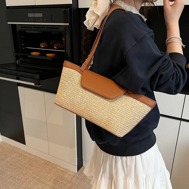 sac porte epaule paille et cuir chic