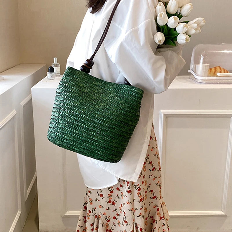 sac seau paille epaule vert