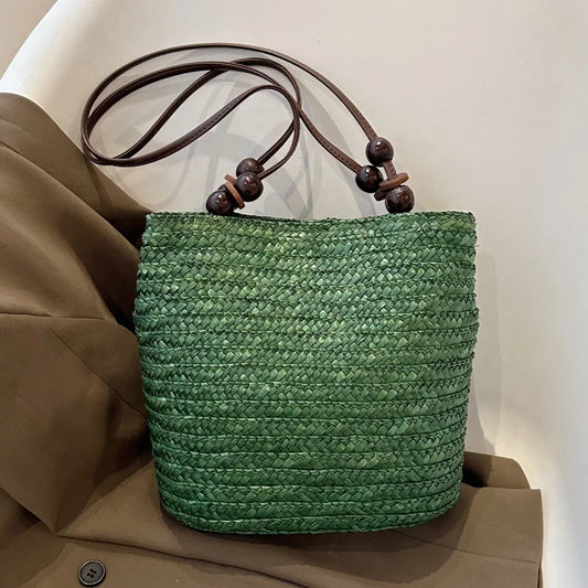 sac seau paille vert femme